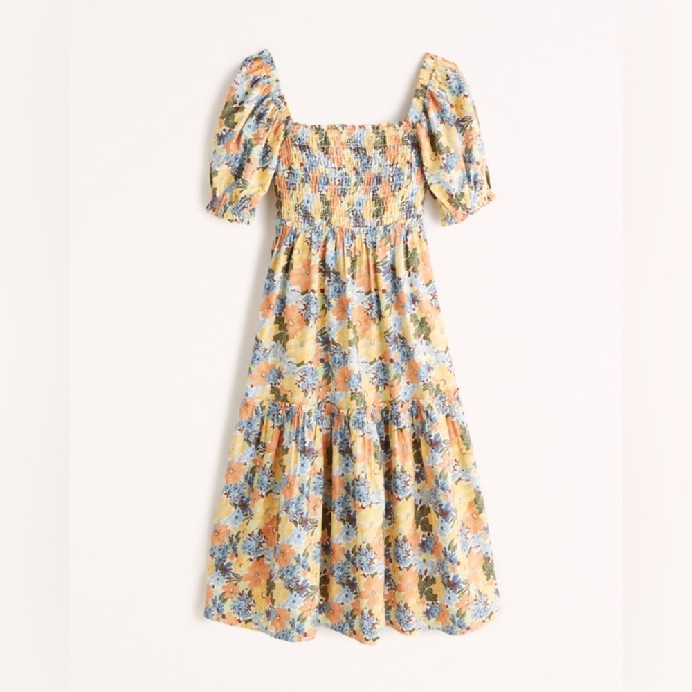 Abercrombie and fitch Puff Sleeve Smocked Bodice Midi Dress